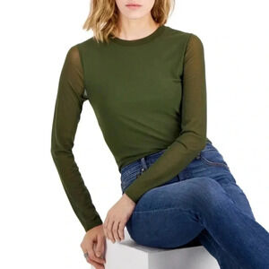 INC Mesh Crewneck Long Sleeve Top Costa Green Size XS NEW